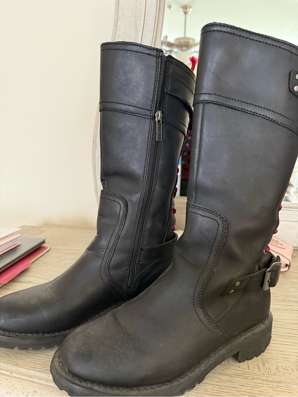 Women’s Black Moto Zip Boots with Buckle and back lace up Detail